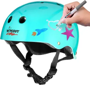 Wipeout Unisex Youth Dry Erase Bike, Skate, and Scooter Helmet with Markers and Stencil Kit, Teal Blue, Ages 5 