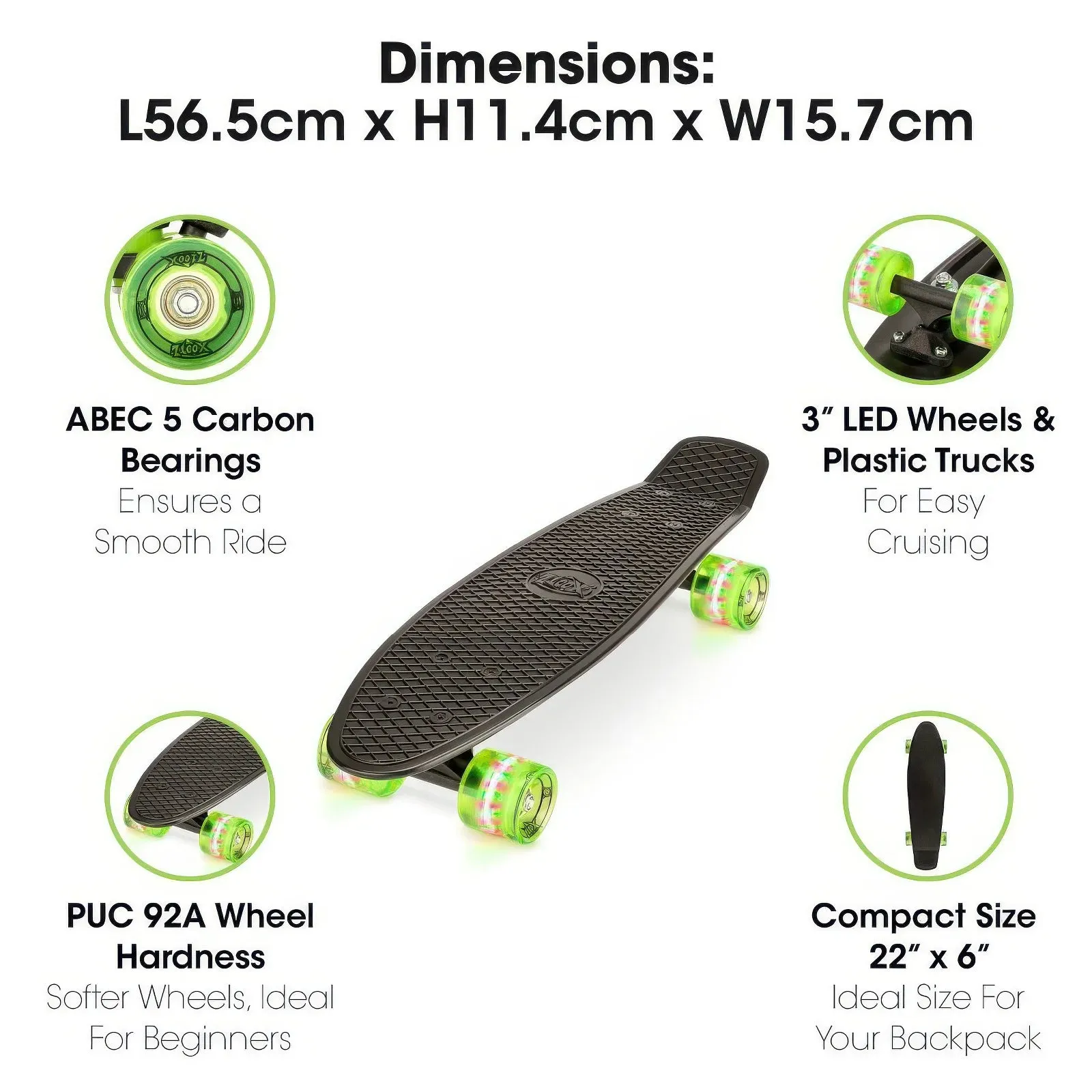 XOOTZ 22-Inch Cruiser Skateboard with LED Wheels - Black